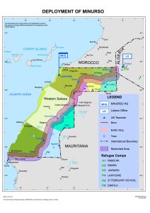 Kaart van West-Sahara met de Marokkaanse verdedigingsmuur die het land diagonaal doorsnijdt. Gemaakt door de VN. 